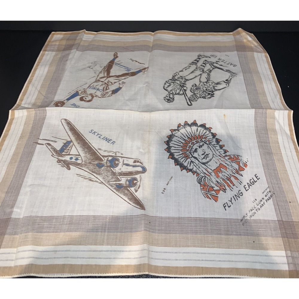 Vintage Handkerchief With Rare Iron On Images Flying Eagle, Skyliner, Baseball